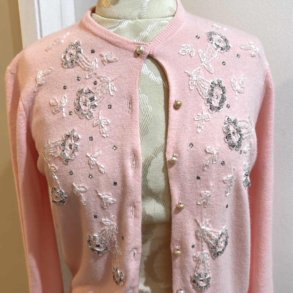 Jane Irwill Vintage Floral Pink Beaded Swarovski Faux Pearl Button Soft Cardigan - Picture 7 of 17